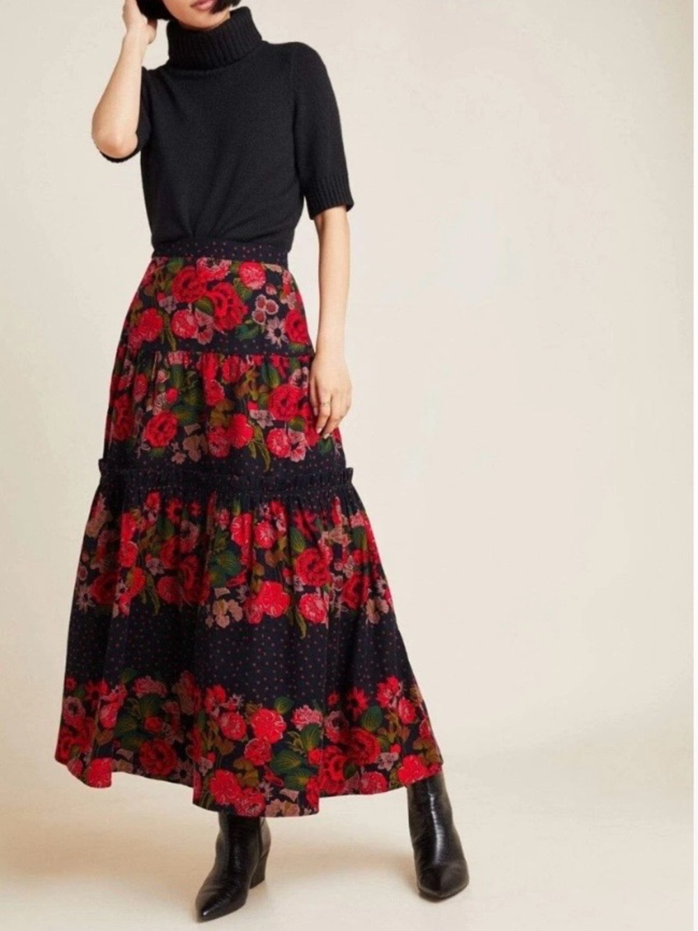 Eva Franco Danette Anthropologie -SZ 8-  Tiered Corduroy Maxi Skirt Polka Dots